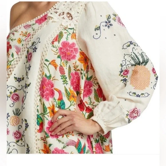 NWT Farm Rio Toucan's Garden Floral Embroidery One-Shoulder Linen Blend Dress - Picture 9 of 14